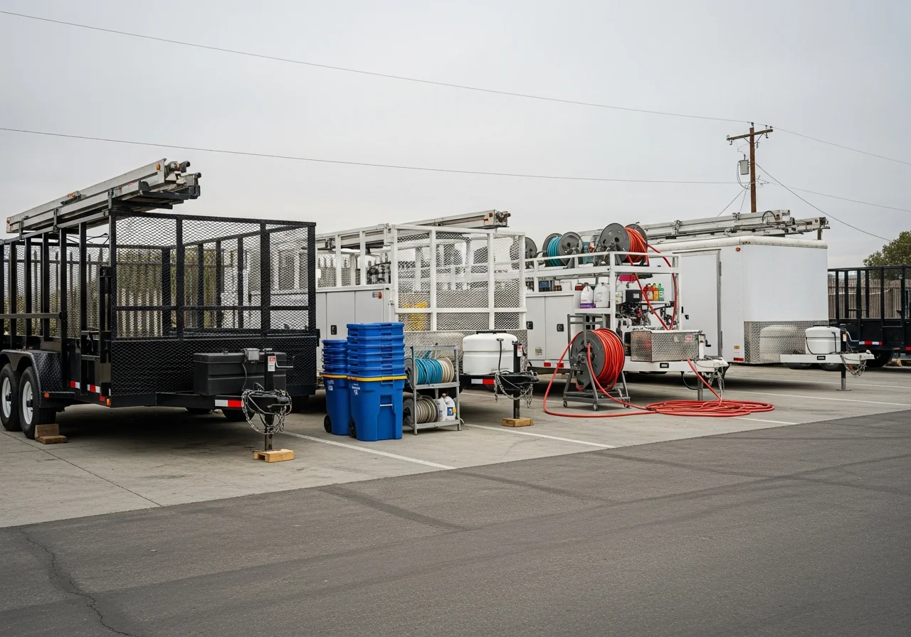 Three junk removal trailers and one pressure washing trailer parked together, ready for service calls.