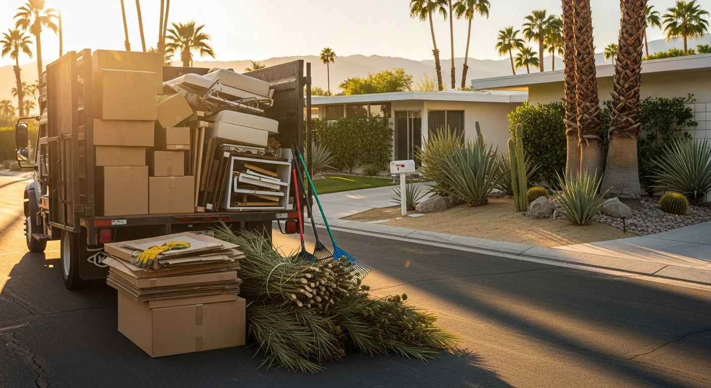 Desert landscape with palm trees and modern residential architecture typical of Palm Springs neighborhoods.