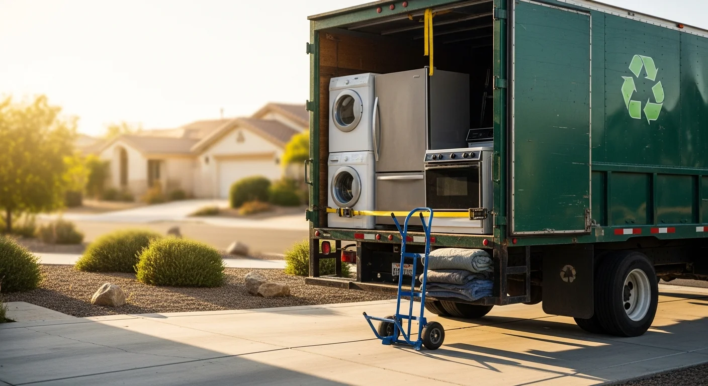 A Dos Bros Junk crew member loading a large old refrigerator onto a hauling truck outside a Palm Springs home. The driveway is clear and the property is ready for a new appliance delivery.