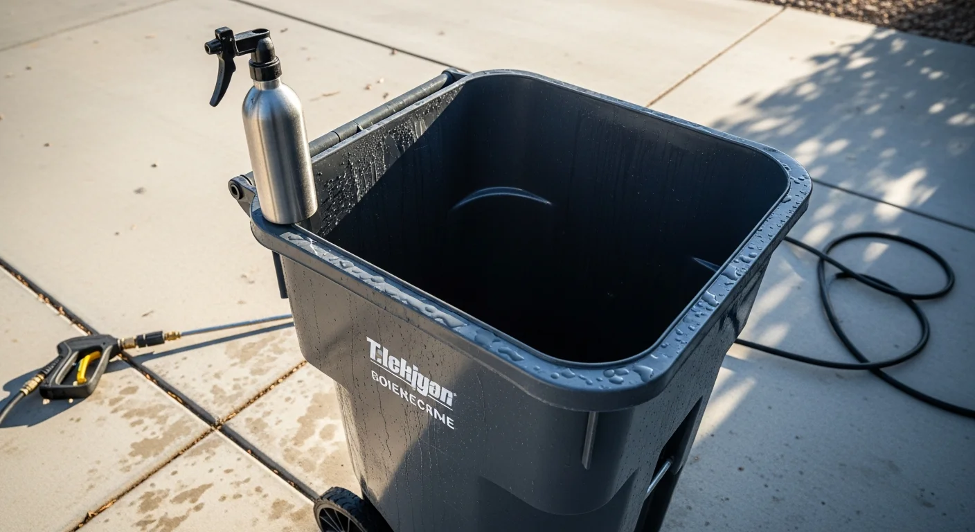 A clean, odor-free residential trash bin sitting curbside on a sunny Palm Springs street after professional sanitization by Dos Bros Junk. The bin interior is visibly free of residue and grime.