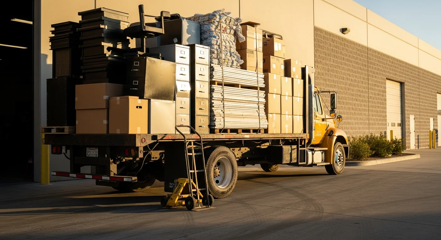 A cleared commercial space in Palm Springs after junk removal, with empty floors and no remaining furniture or debris. A Dos Bros Junk truck is visible outside the building entrance with a loaded haul of office furniture and commercial waste.