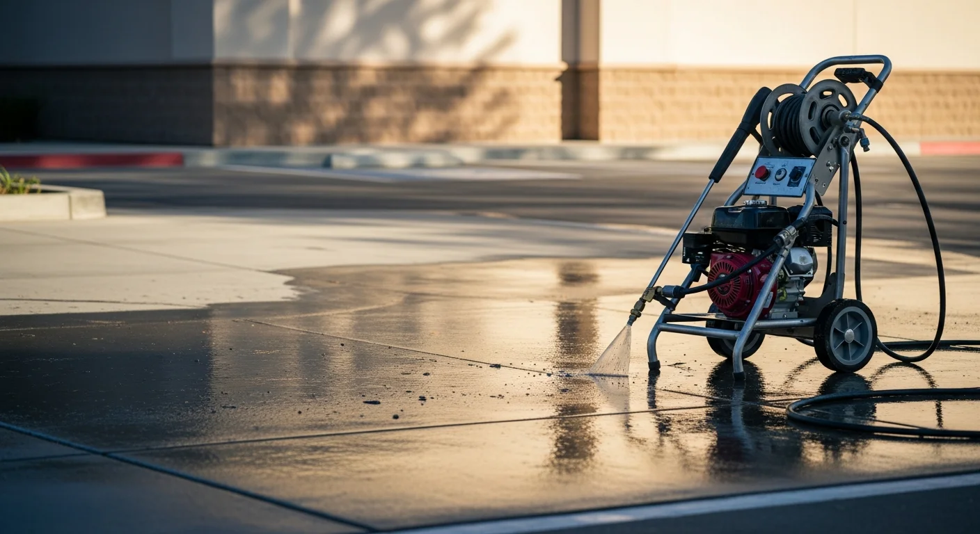 A commercial storefront in Palm Springs with its concrete sidewalk and stucco facade freshly pressure washed, showing clean, grime-free surfaces under bright desert sunlight. A pressure washing technician works along the building's entry walkway, removing dust buildup and staining from the exterior.