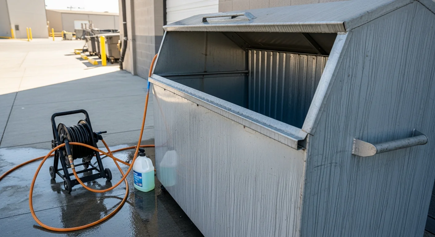 A clean commercial trash bin outside a Palm Springs business after professional bin cleaning service. The bin interior is free of residue and odor with no visible waste buildup.