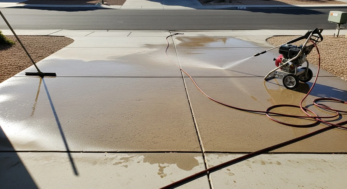 A Palm Springs residential driveway after pressure washing, showing clean concrete with oil stains and mineral deposits removed near the garage apron. Desert landscaping and a mid-century style home are visible in the background.