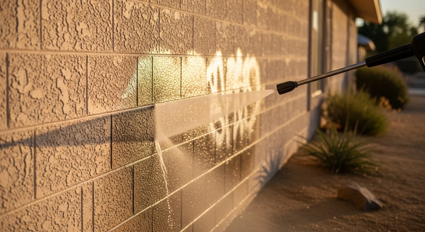 A Palm Springs stucco exterior wall shown before and after professional graffiti removal, with spray paint fully cleared and the original surface texture intact. A Dos Bros Junk pressure washing technician works on the wall in bright desert sunlight.