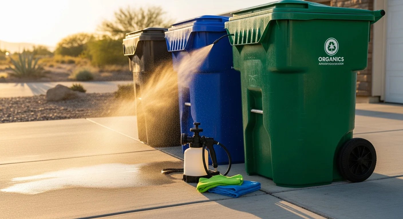 A clean, deodorized residential trash bin sitting curbside on a sunny Palm Springs street, with no visible residue or buildup inside. A Dos Bros Junk service worker stands nearby after completing an odor control treatment.