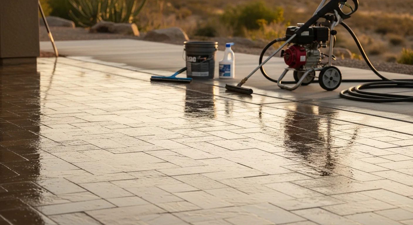 A Palm Springs concrete patio before and after professional pressure washing, showing removal of desert dust, mineral stains, and dark grime buildup. The cleaned surface appears bright and even in color under clear desert sunlight.
