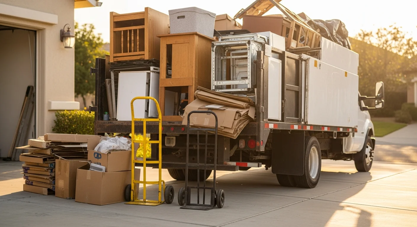 A cleared Palm Springs residential garage with empty floor space after junk removal, showing removed furniture and boxes loaded into a hauling truck parked in the driveway. Bright desert sunlight visible outside the open garage door.