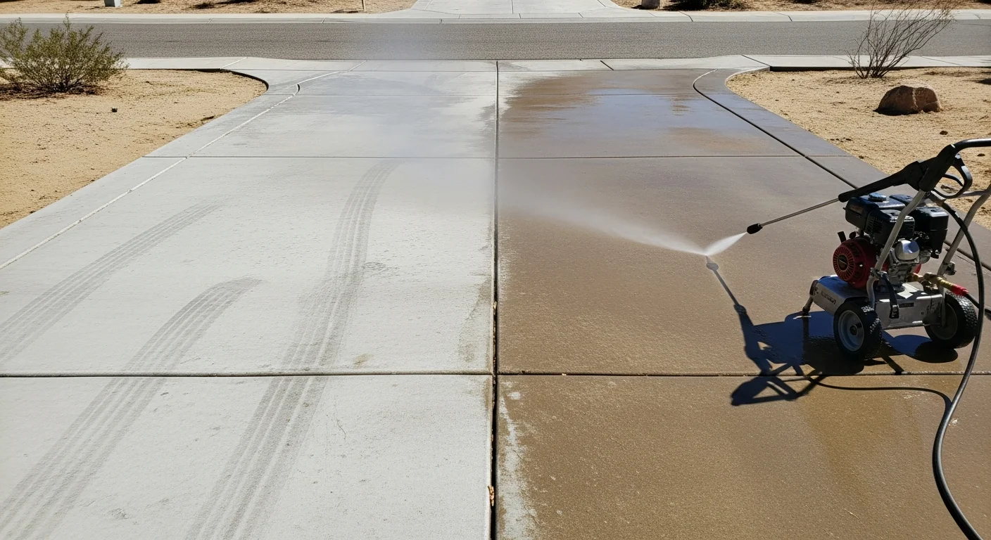 A Palm Springs residential driveway and stucco exterior wall after professional pressure washing, showing clean concrete free of desert dust, mineral stains, and tire marks. A palm tree and desert landscaping are visible in the background.