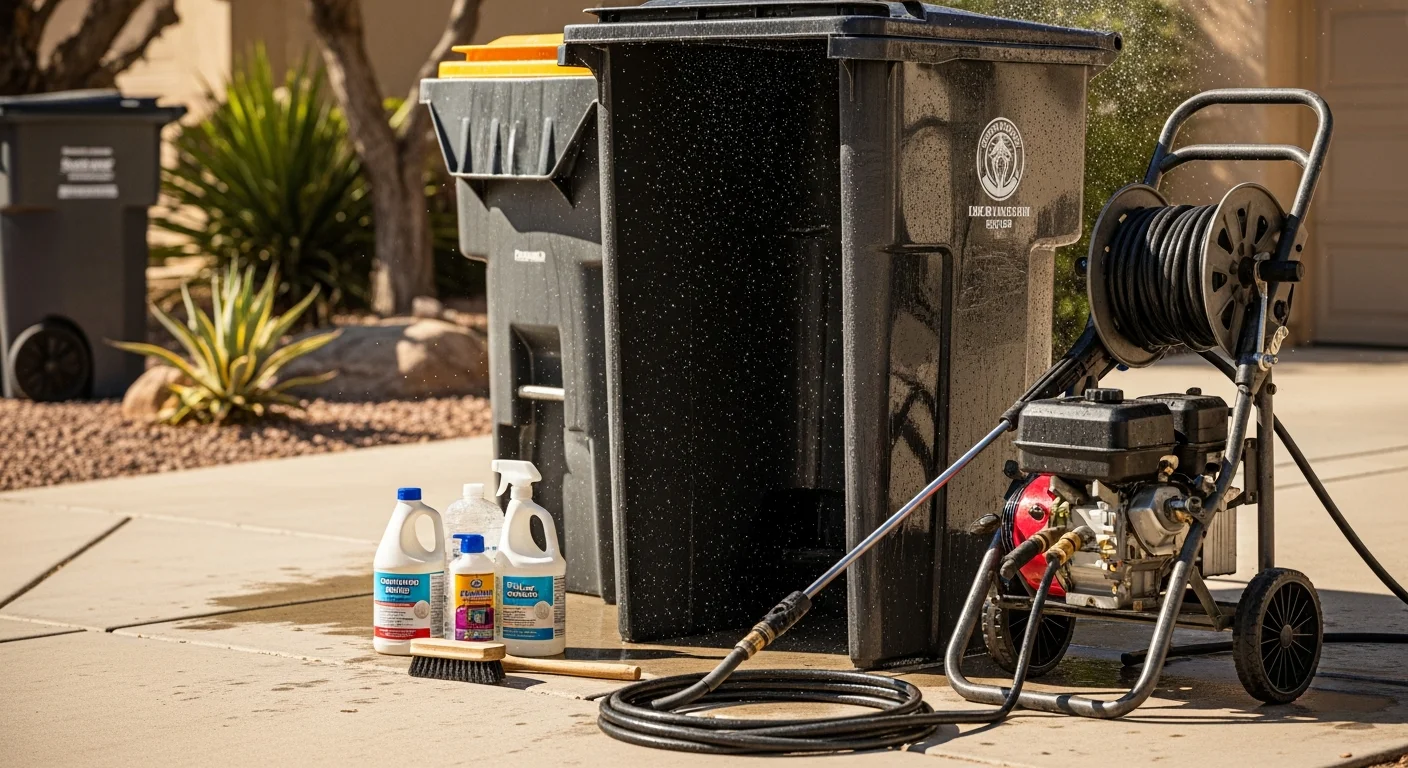 A clean, sanitized residential trash bin sitting curbside in a Palm Springs neighborhood on a sunny day. The bin interior is visibly free of residue and grime after a professional cleaning service.